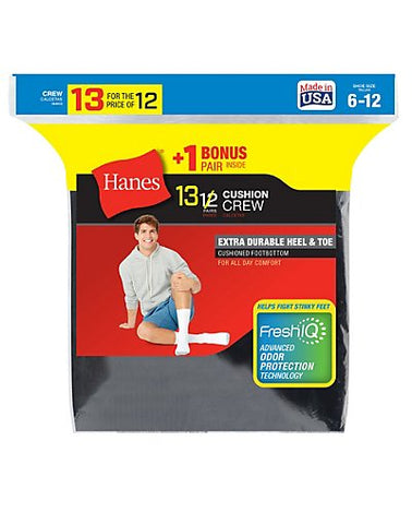 Hanes Men's Cushion Crew Socks 13-Pack (Includes 1 Free Bonus Pair)