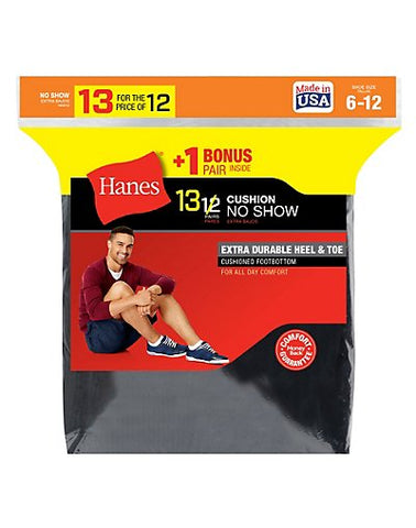 Hanes Men's Cushion No-Show Socks 13-Pack (Includes 1 Free Bonus Pair)