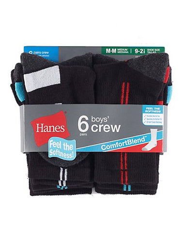 Hanes Boys Crew Comfortblend&reg; Black EZ Sort&reg; Socks 6-Pack