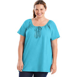 Just My Size Short-Sleeve Slub-Textured Cotton Women's Tunic with Crochet Trim & Tie